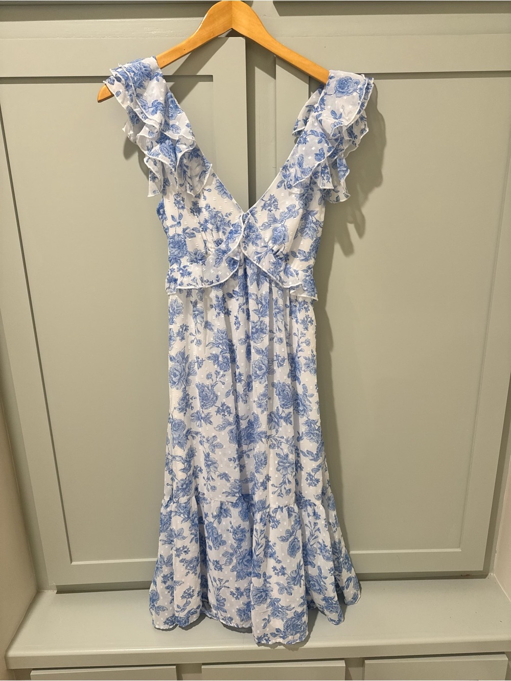 Trixxi White and Blue Floral Ruffle Midi Dress
